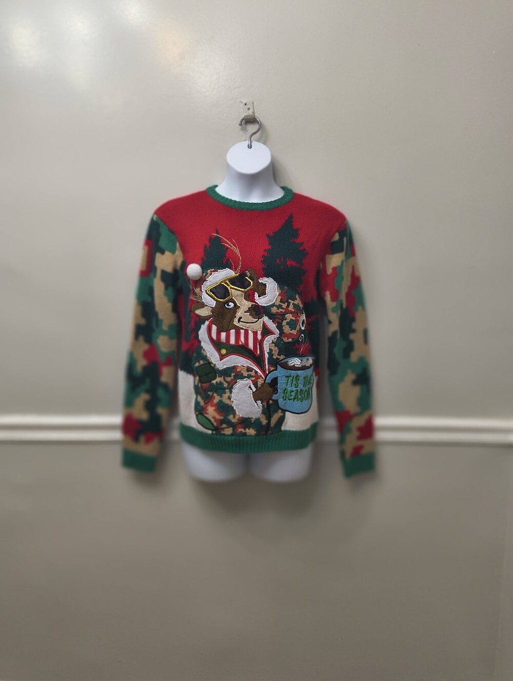 Celebrate Together Camouflage Reindeer Ugly Christmas Sweater Red Green Mens M